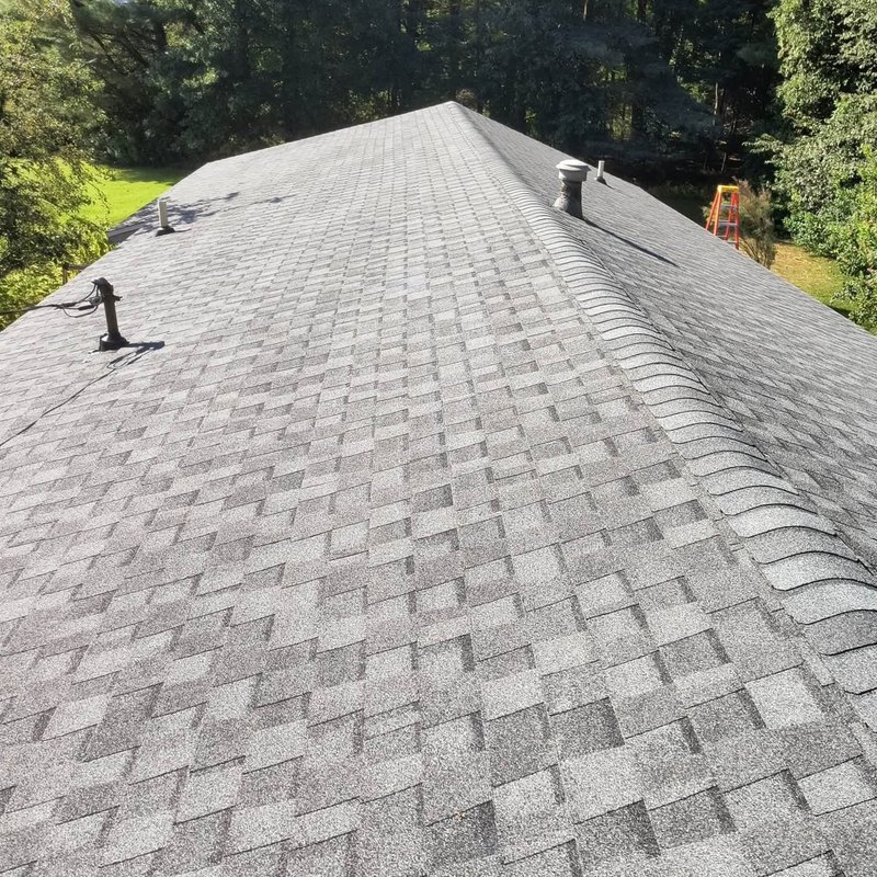 Finished gray architectural shingle roof with a capped hip, vent pipes and trees around the house