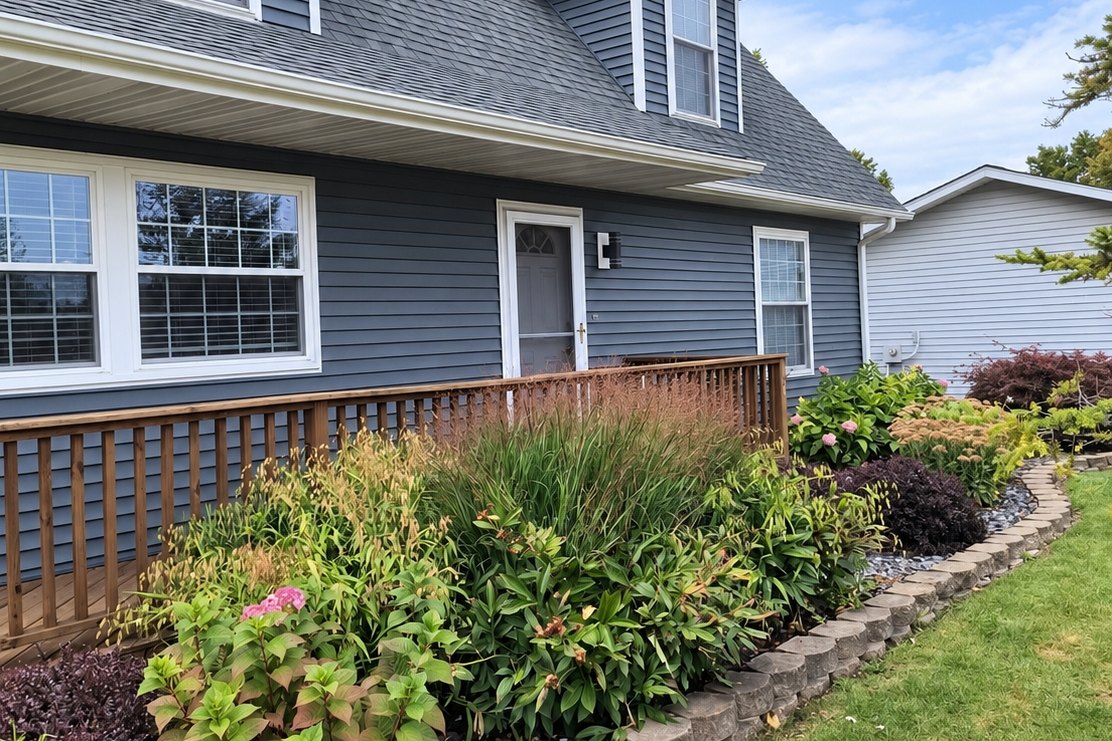 Two-story cape house in slate gray vinyl siding with a wood porch deck and railing across the front