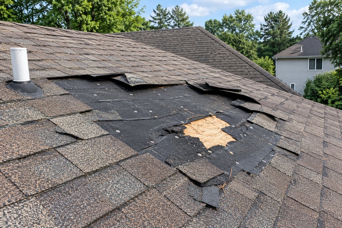 Asphalt shingle roof with a section torn away, showing black underlayment and a patch of bare plywood