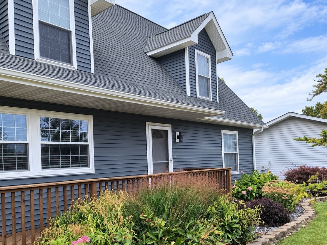 Two-story cape-style house in slate gray vinyl siding with dormers, bay windows and a wood porch deck