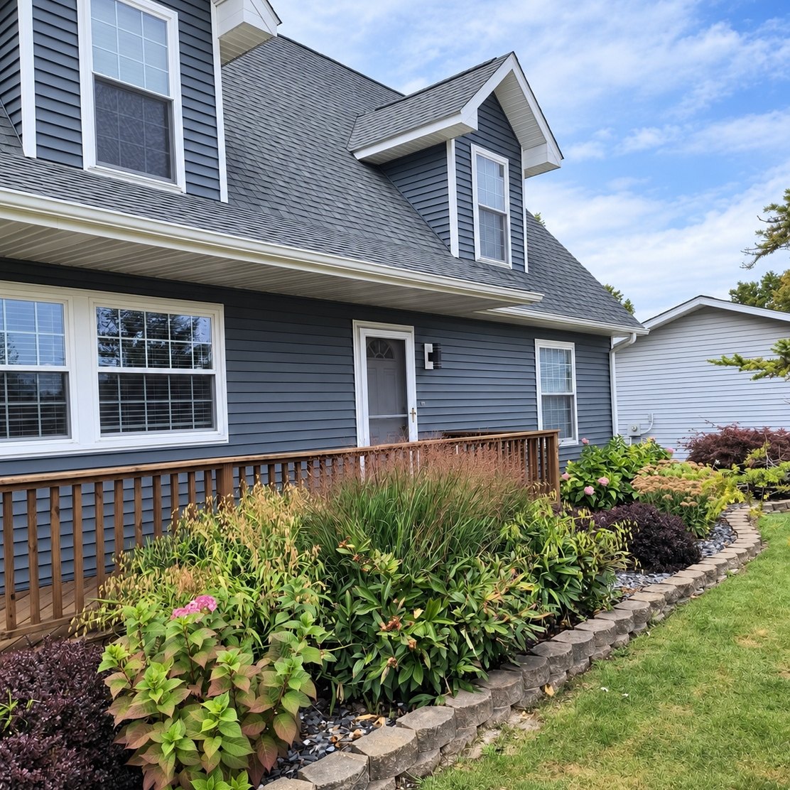 Two-story cape-style house in slate gray vinyl siding with dormers, bay windows and a wood porch deck