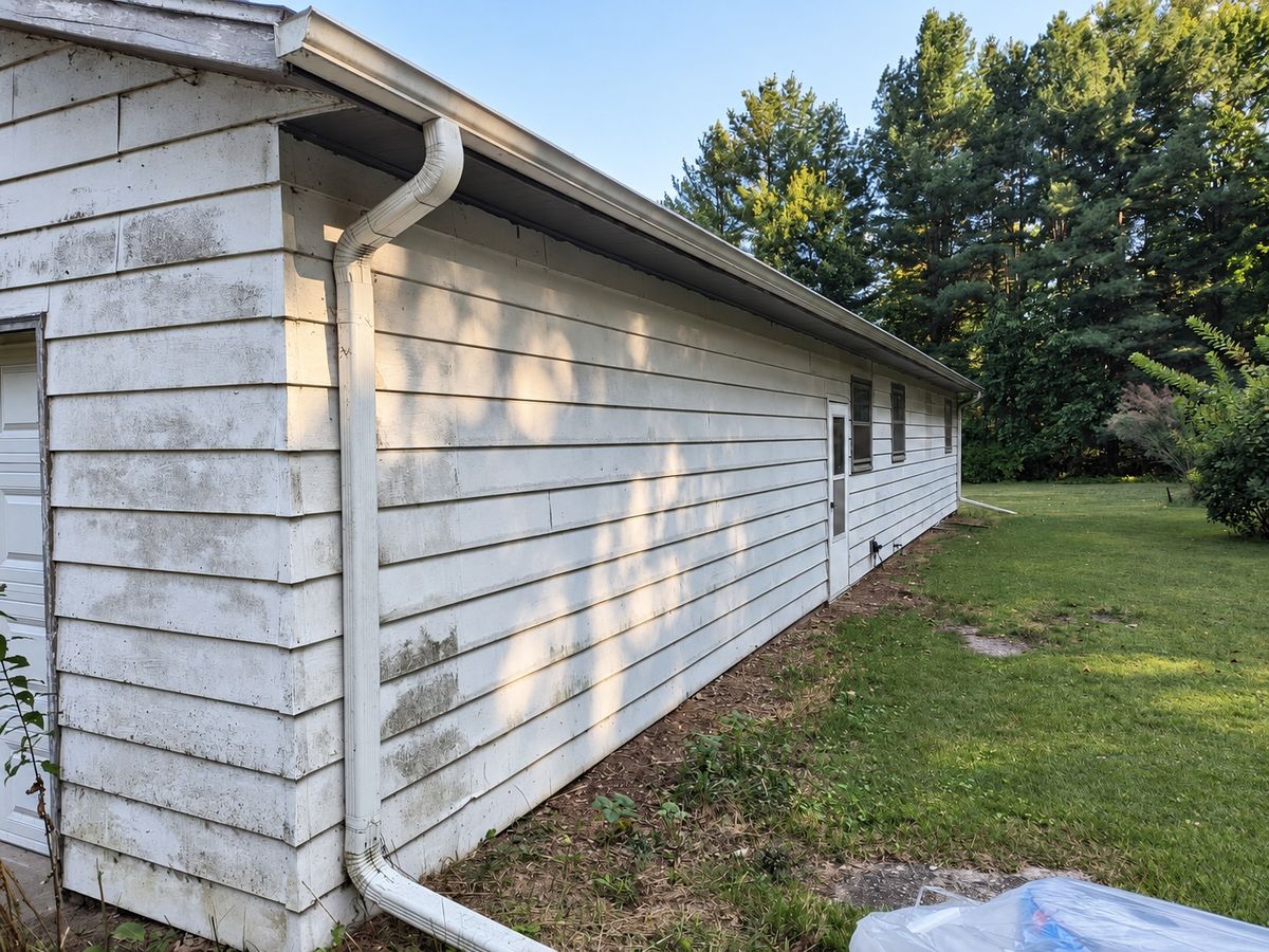 Old white lap siding stained with gray-green mildew along a low building with an attached garage door