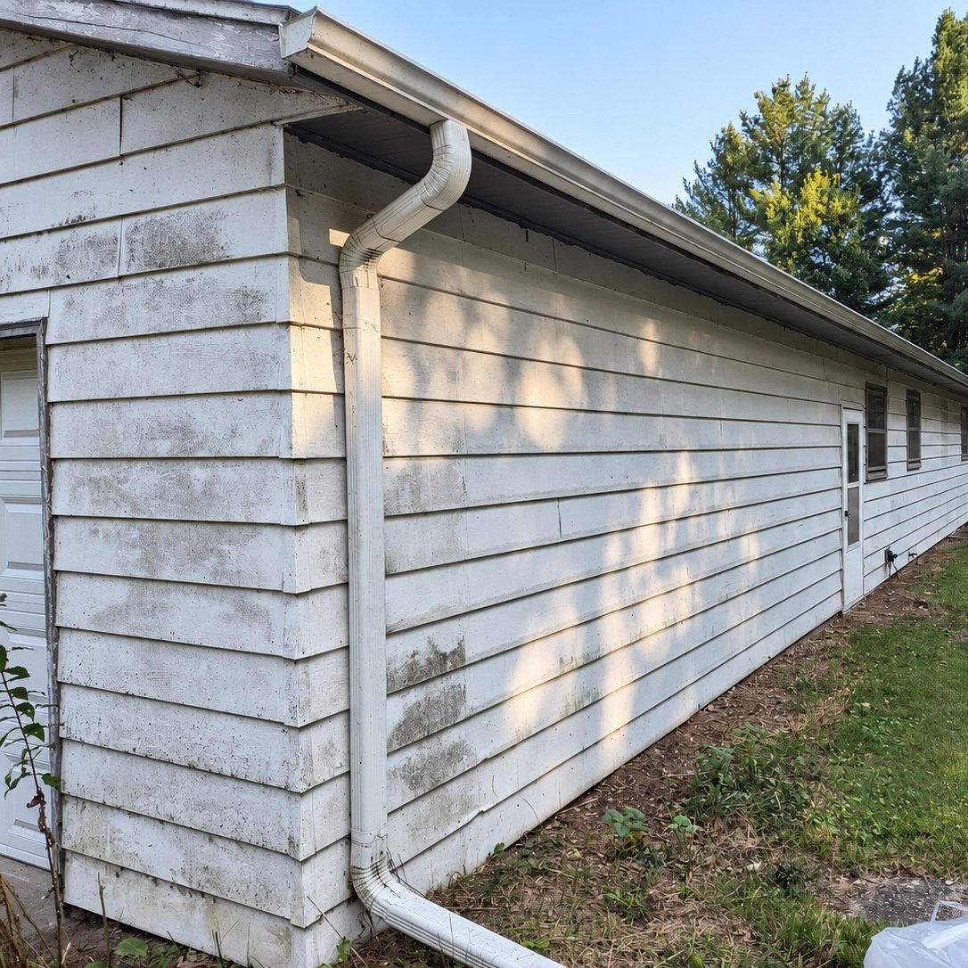 Old white lap siding stained with gray-green mildew along a low building with an attached garage door