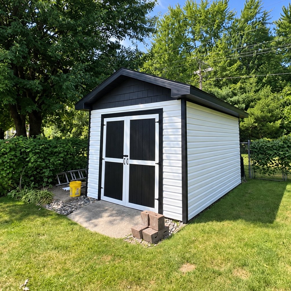 Backyard shed with white horizontal vinyl siding, black trim and black double doors